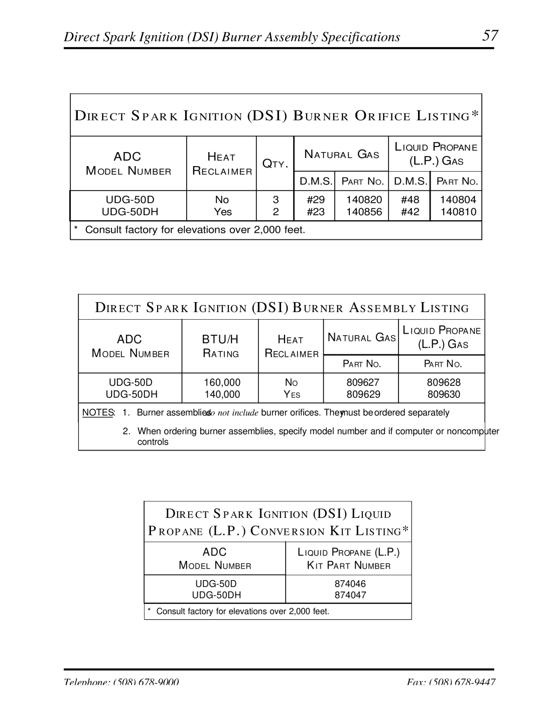 ADC UD-50 manual Direct Spark Ignition DSI Burner Assembly Specifications, Qty 