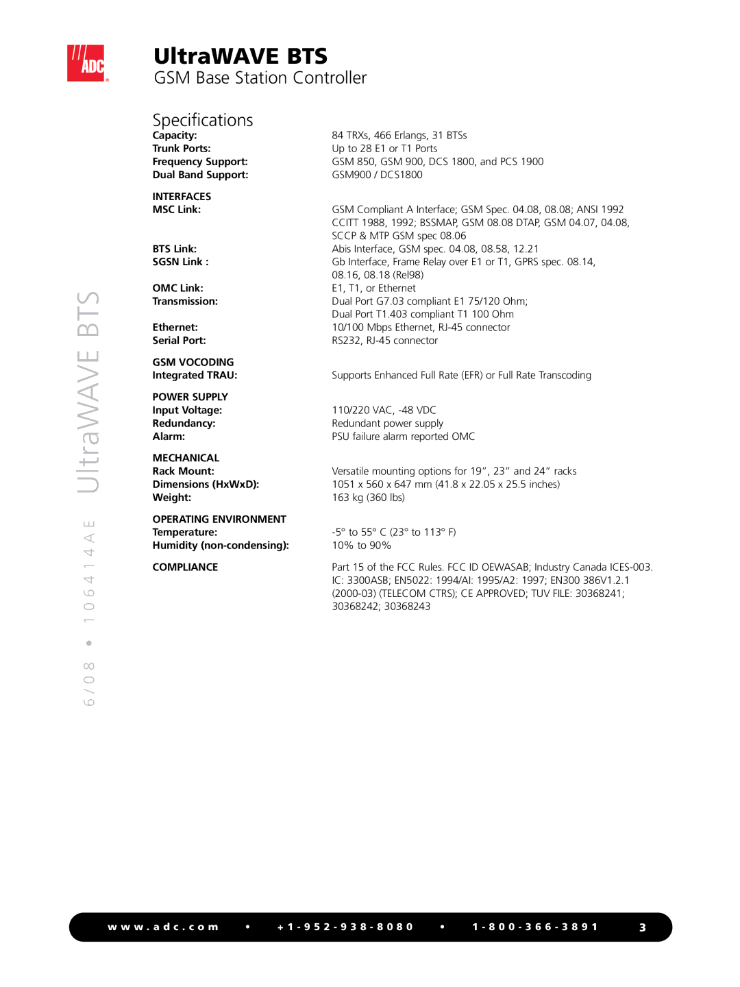 ADC UltraWAVE BSC manual GSM Base Station Controller Specifications, Interfaces MSC Link 