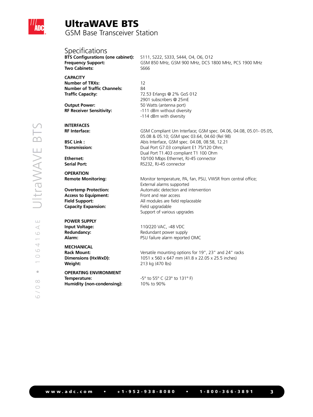 ADC UltraWAVE BTS manual GSM Base Transceiver Station Specifications 