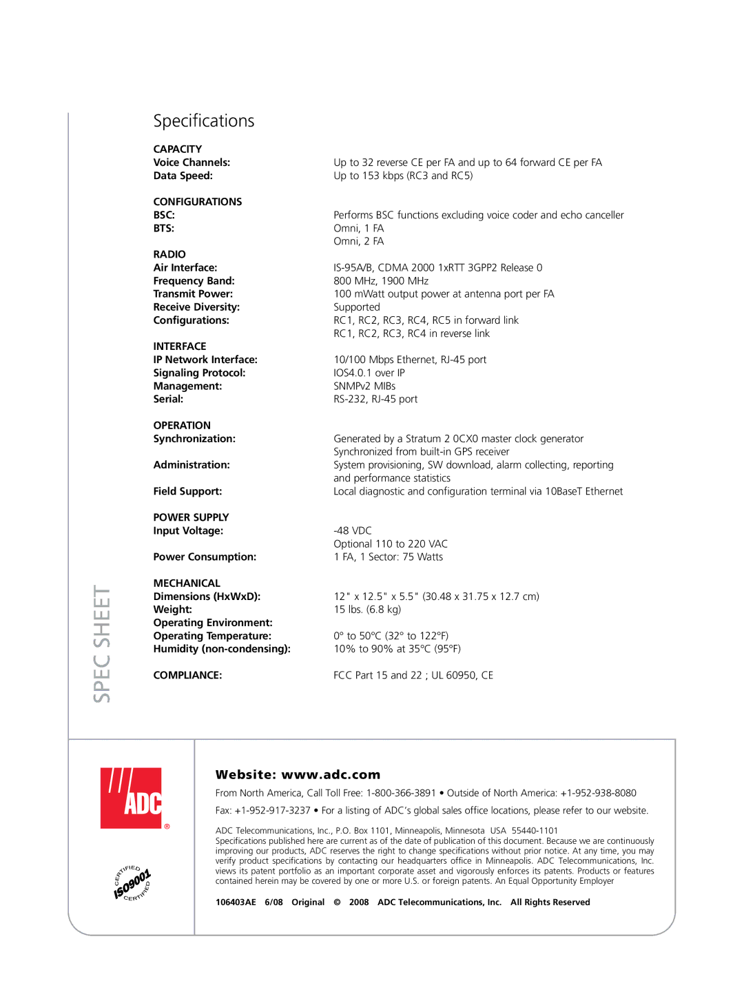 ADC UltraWAVE CDMA Pico BS Plus manual Specifications 