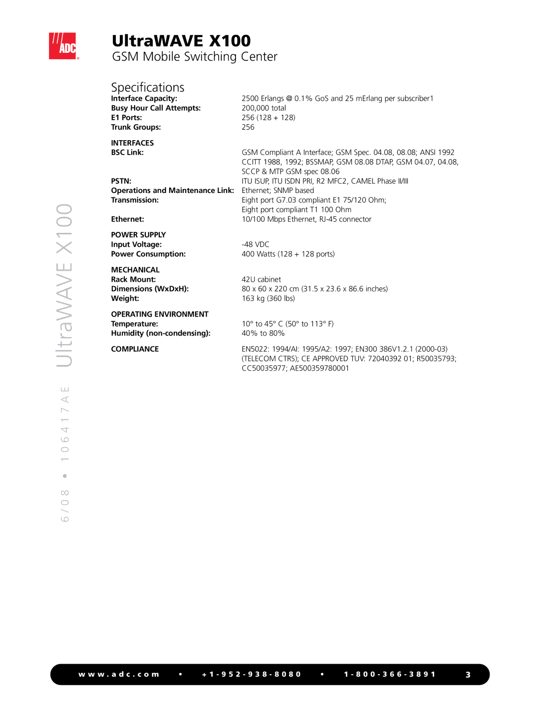 ADC UltraWAVE X100 manual GSM Mobile Switching Center Specifications 