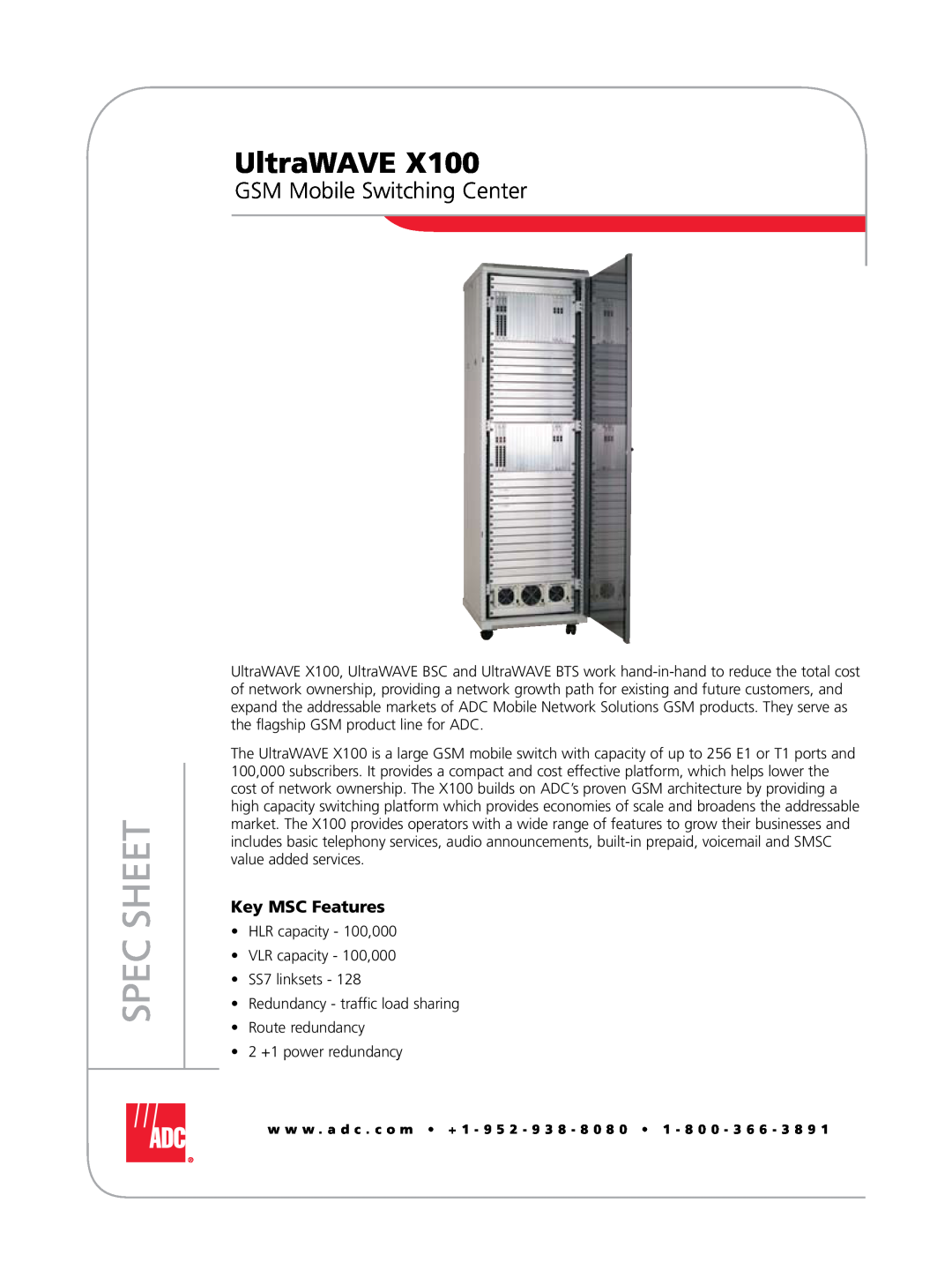 ADC UltraWAVE X100 manual GSM Mobile Switching Center, Spec Sheet, Key MSC Features 
