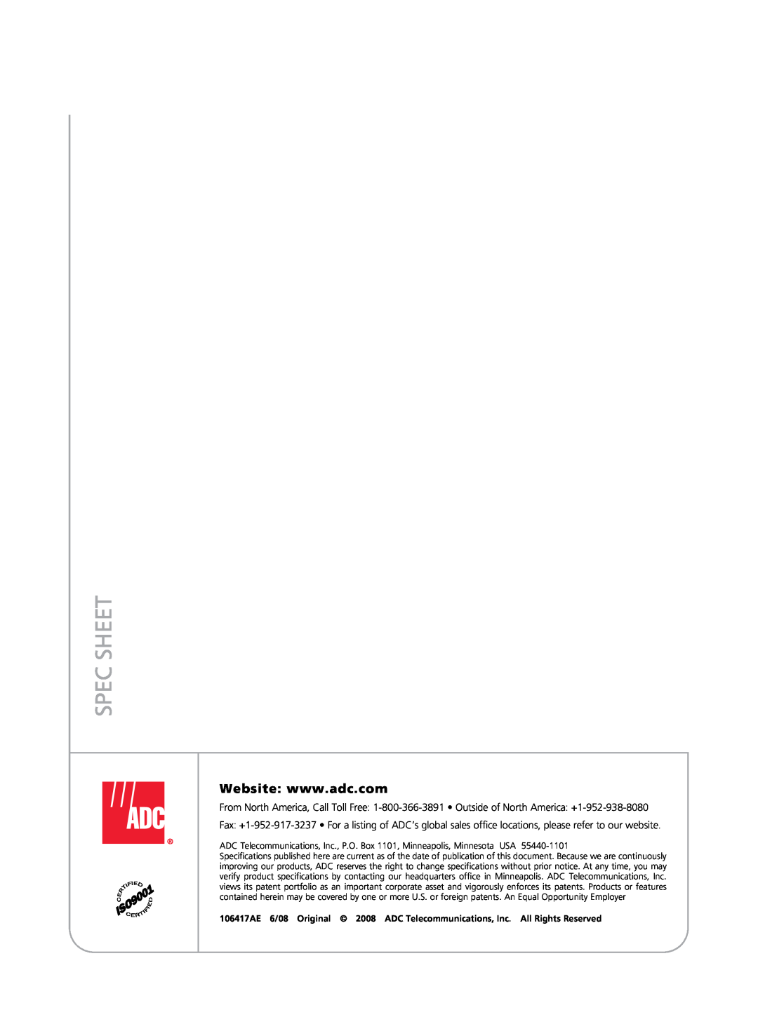 ADC UltraWAVE X100 manual Spec Sheet 