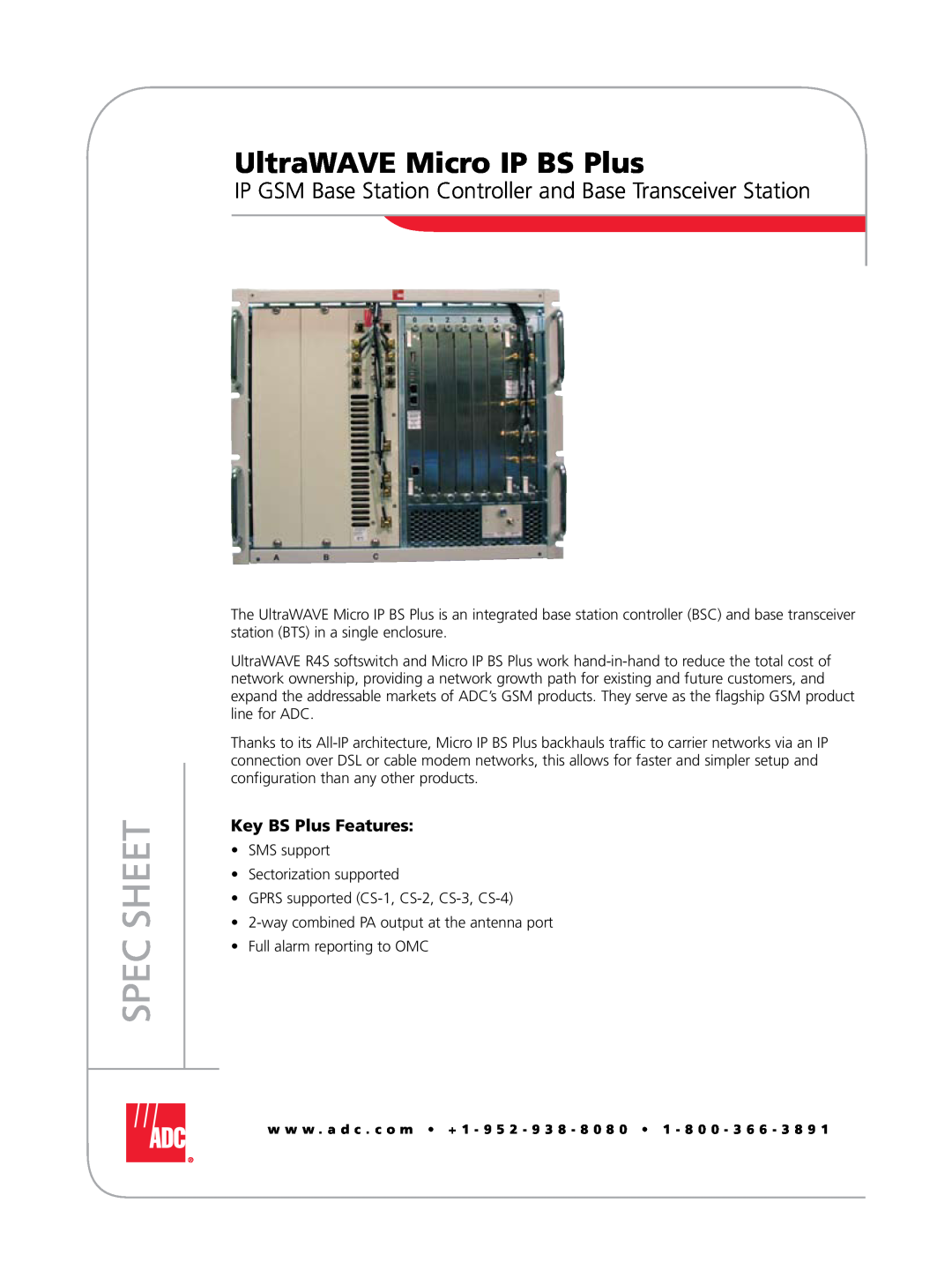ADC manual UltraWAVE Micro IP BS Plus, IP GSM Base Station Controller and Base Transceiver Station, Spec Sheet 