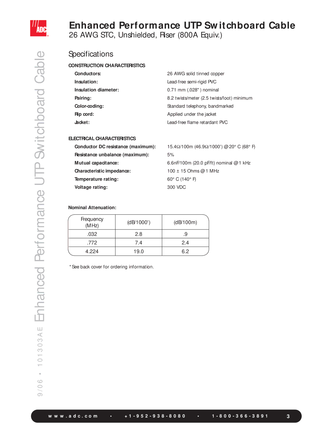 ADC UTP Switchboard Cable manual Construction Characteristics, Electrical Characteristics 