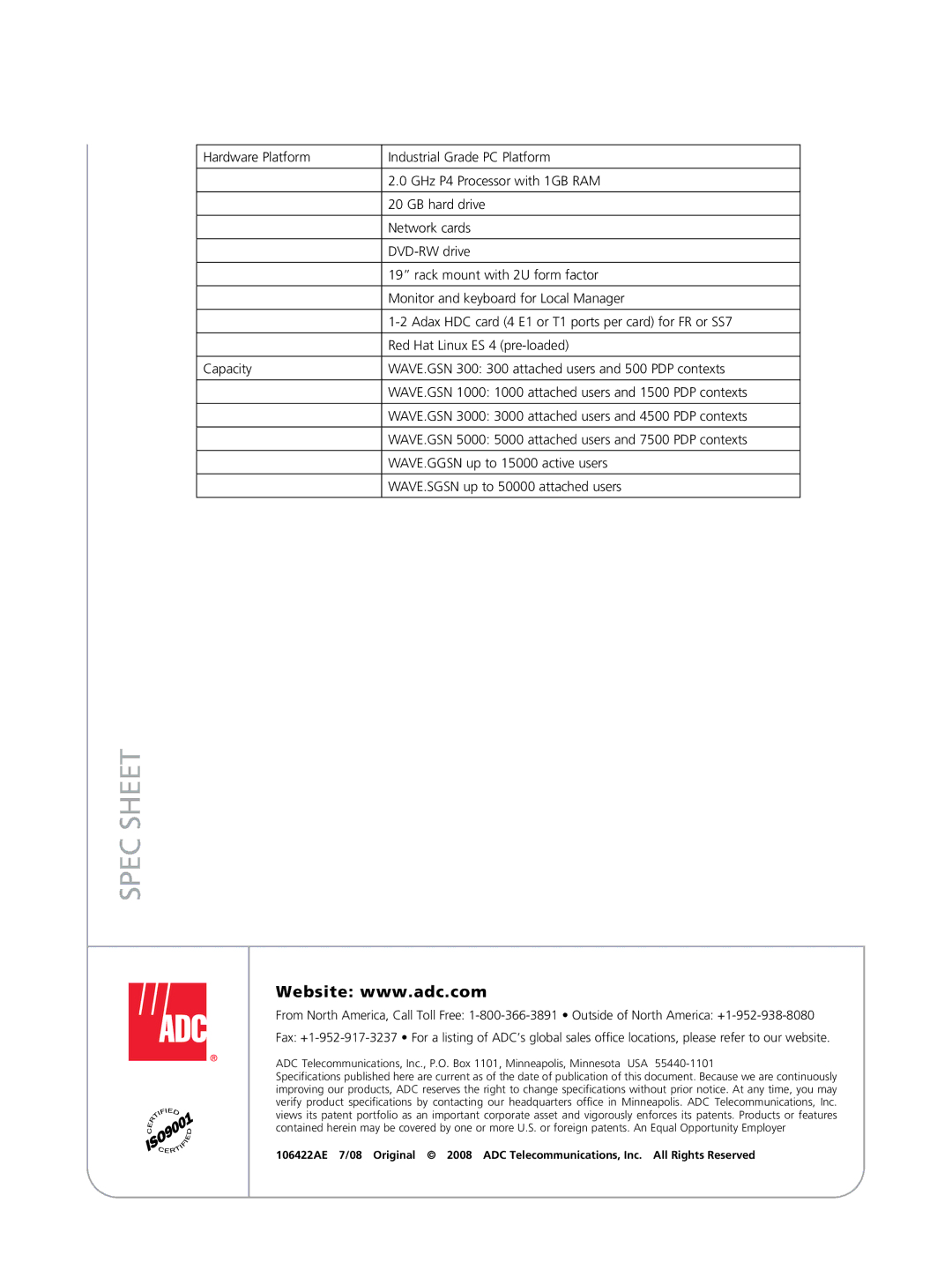 ADC WAVE.GSN manual Spec Sheet 