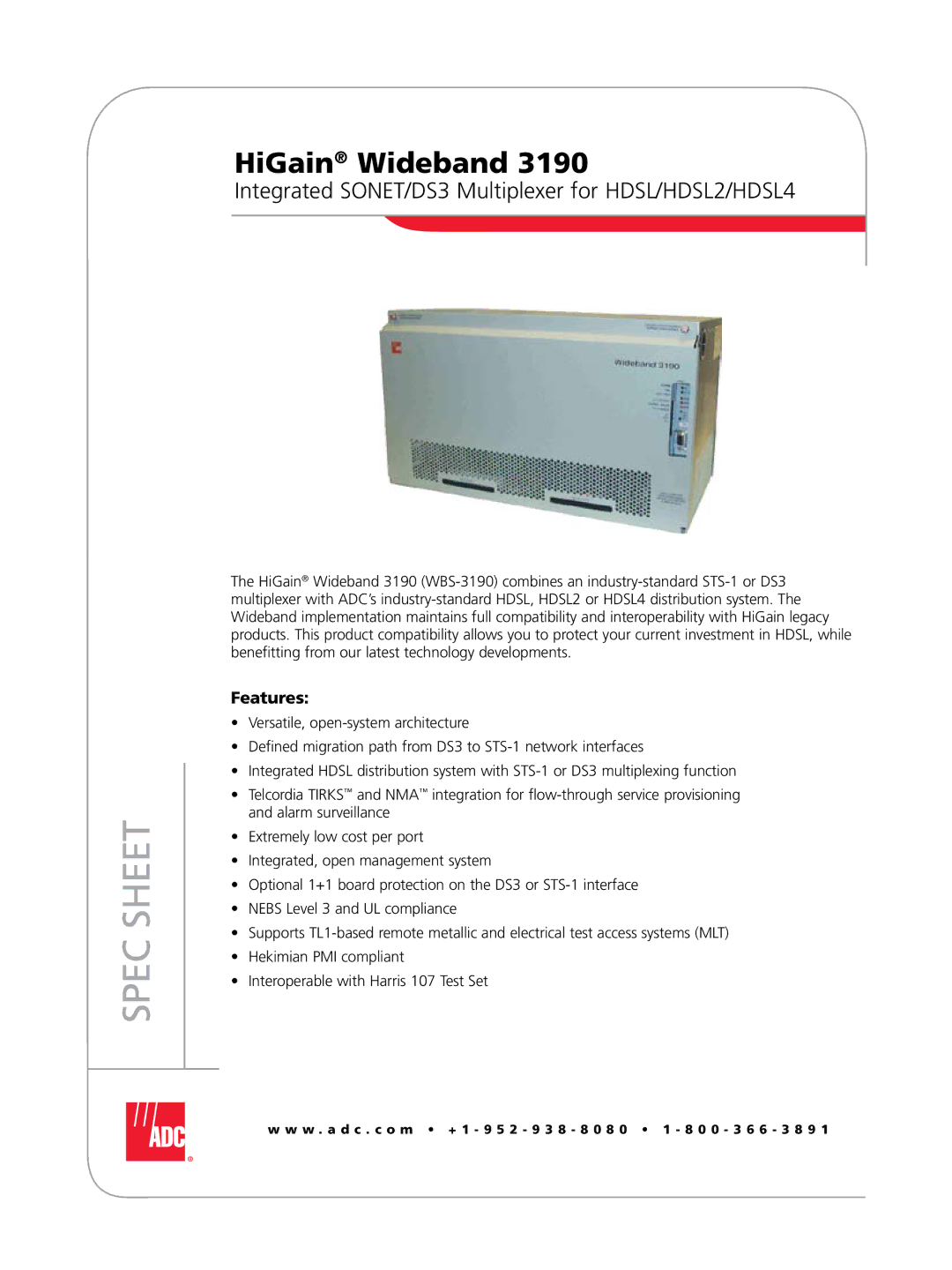 ADC WBS-3190 manual Spec Sheet, Features 