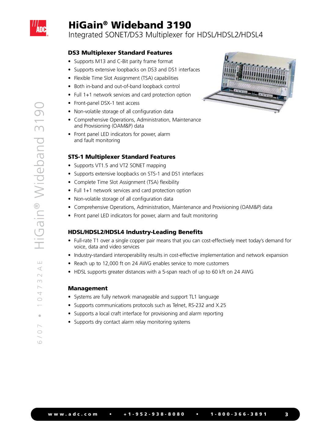 ADC WBS-3190 manual DS3 Multiplexer Standard Features, STS-1 Multiplexer Standard Features, Management 