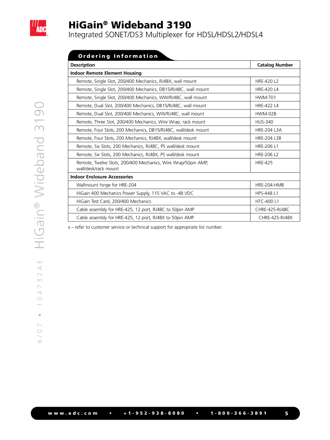 ADC WBS-3190 Description Catalog Number Indoor Remote Element Housing, HWM-T01, HWM-02B, Indoor Enclosure Accessories 