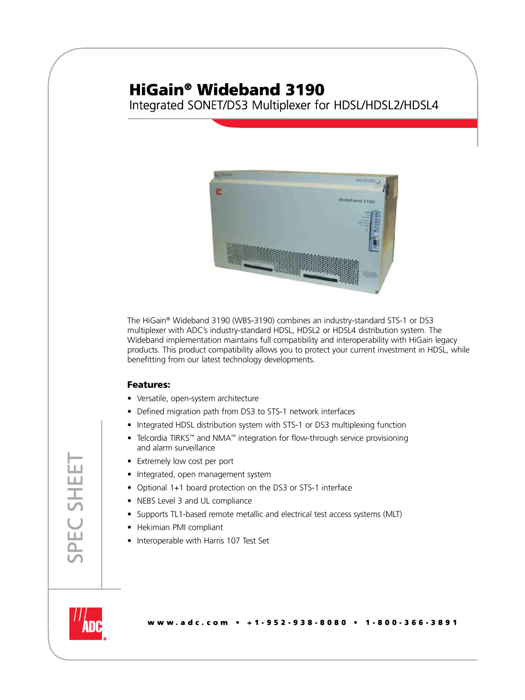 ADC WBS-3190 manual HiGain Wideband, Integrated SONET/DS3 Multiplexer for HDSL/HDSL2/HDSL4, Features, Spec Sheet 