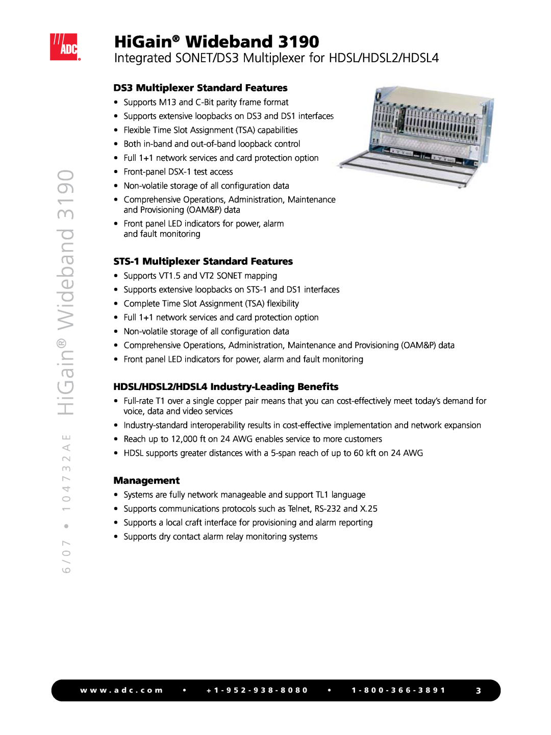 ADC WBS-3190 manual 6 / 0 7 1 0 4 7 3 2 A E HiGain Wideband, DS3 Multiplexer Standard Features, Management 
