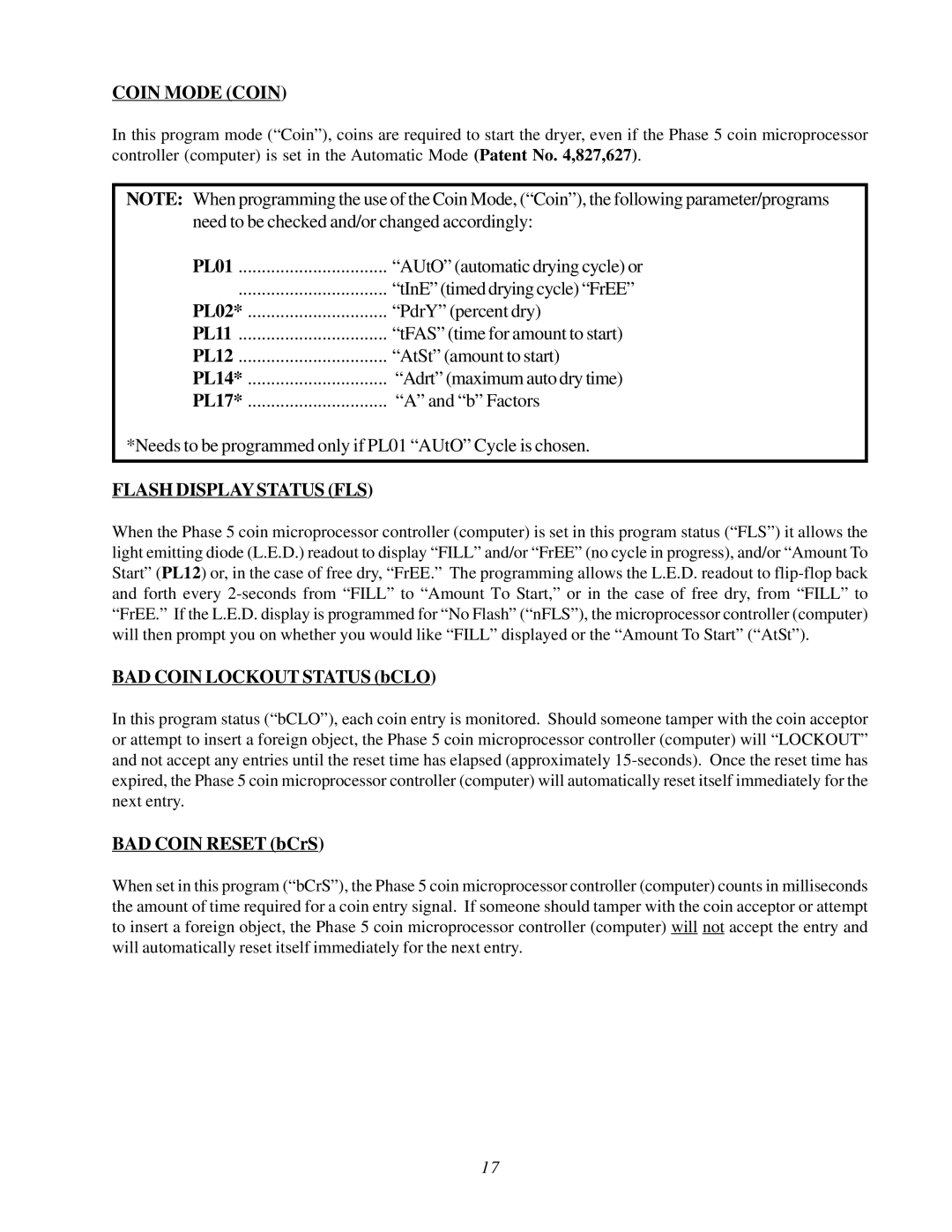 ADC AD-540, WDA-540, AD-295 Coin Mode Coin, Flash Display Status FLS, BAD Coin Lockout Status bCLO, BAD Coin Reset bCrS 