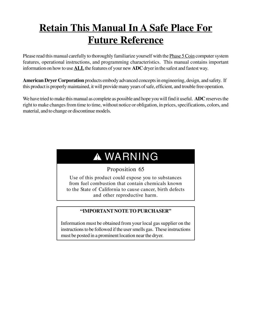 ADC AD-26, WDA-540, AD-295, AD-540 Retain This Manual In a Safe Place For Future Reference, Important Note to Purchaser 