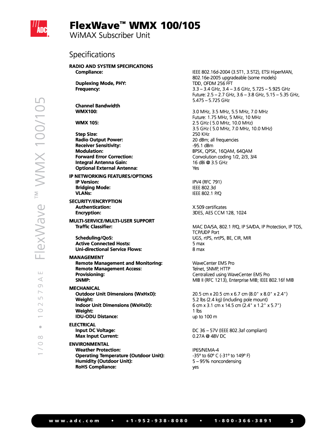 ADC manual WiMAX Subscriber Unit Specifications, 1 / 0 8 1 0 2 5 7 9 A E FlexWave WMX 100/105, w w w . a d c . c o m 