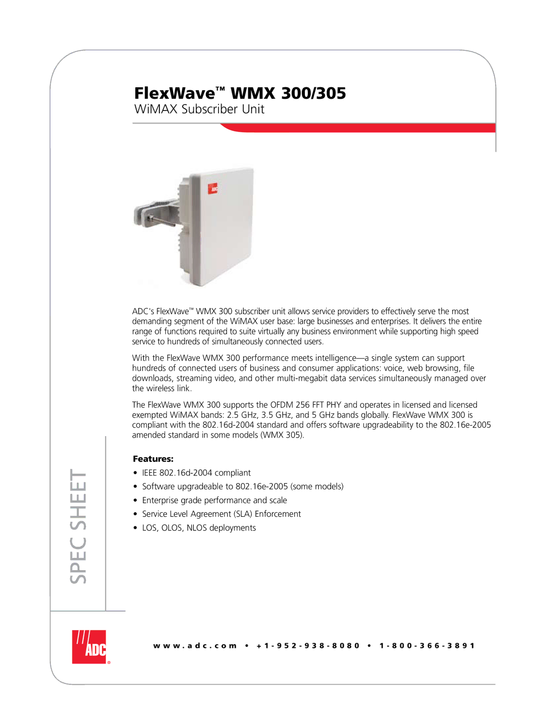 ADC WMX 300 manual Spec Sheet, Features 