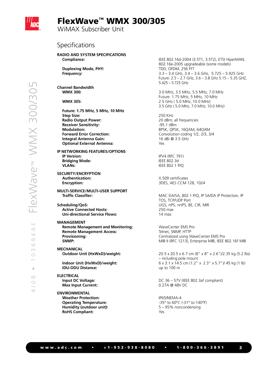 ADC WMX 300 manual WiMAX Subscriber Unit Specifications 