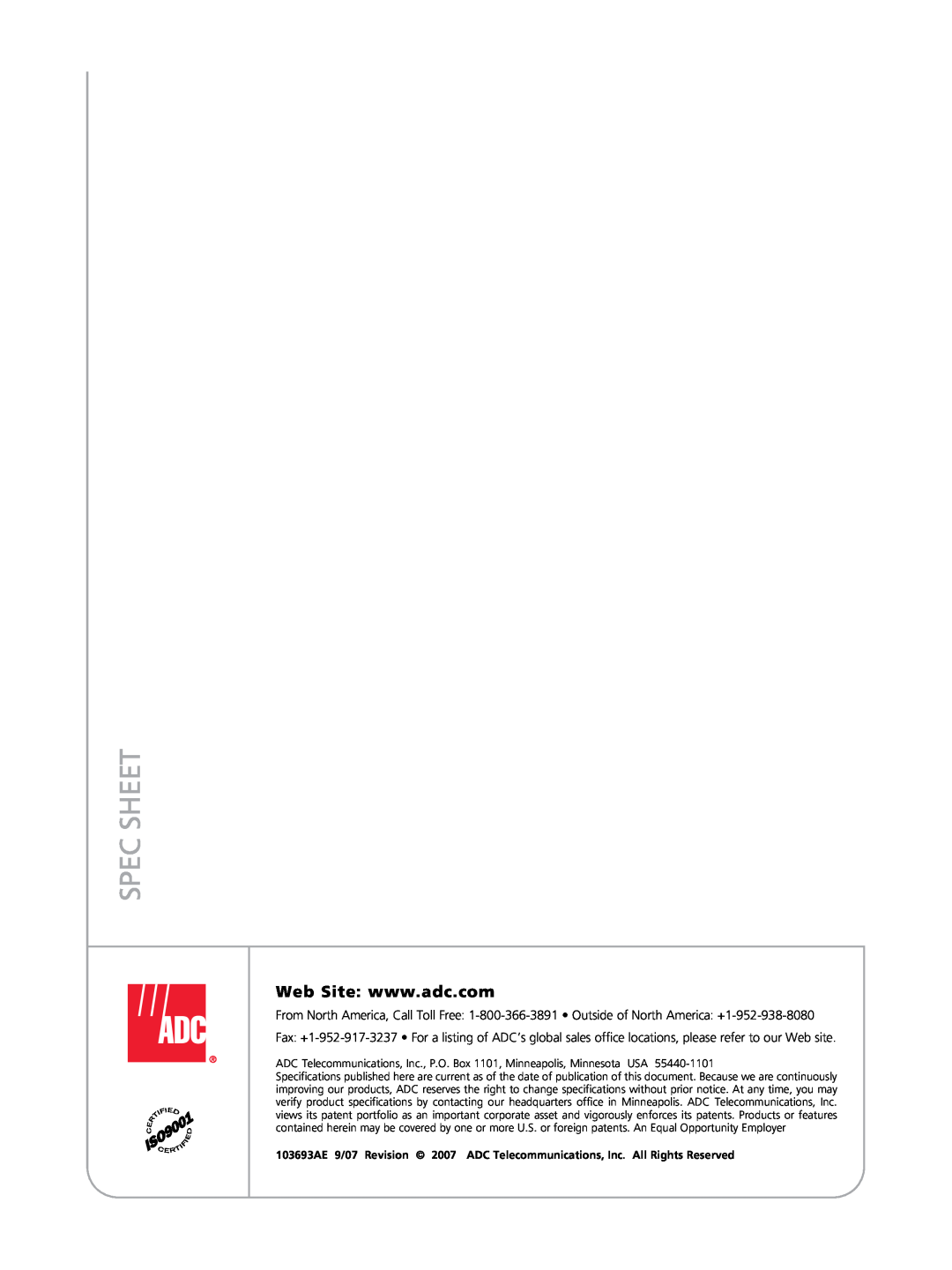 ADC WMX 3000 manual Spec Sheet 