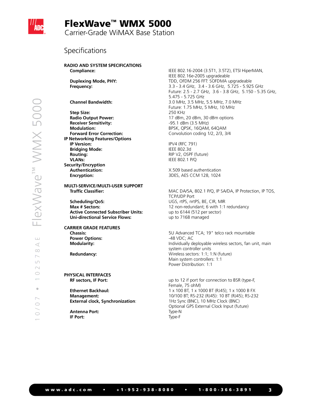 ADC WMX 5000 manual Carrier-Grade WiMAX Base Station Specifications 