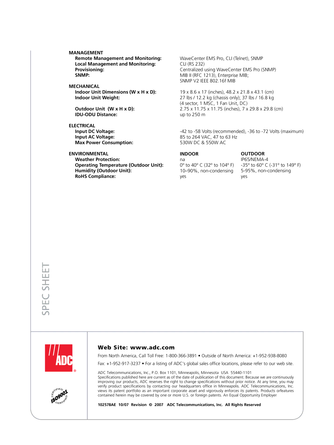 ADC WMX 5000 manual Spec Sheet 