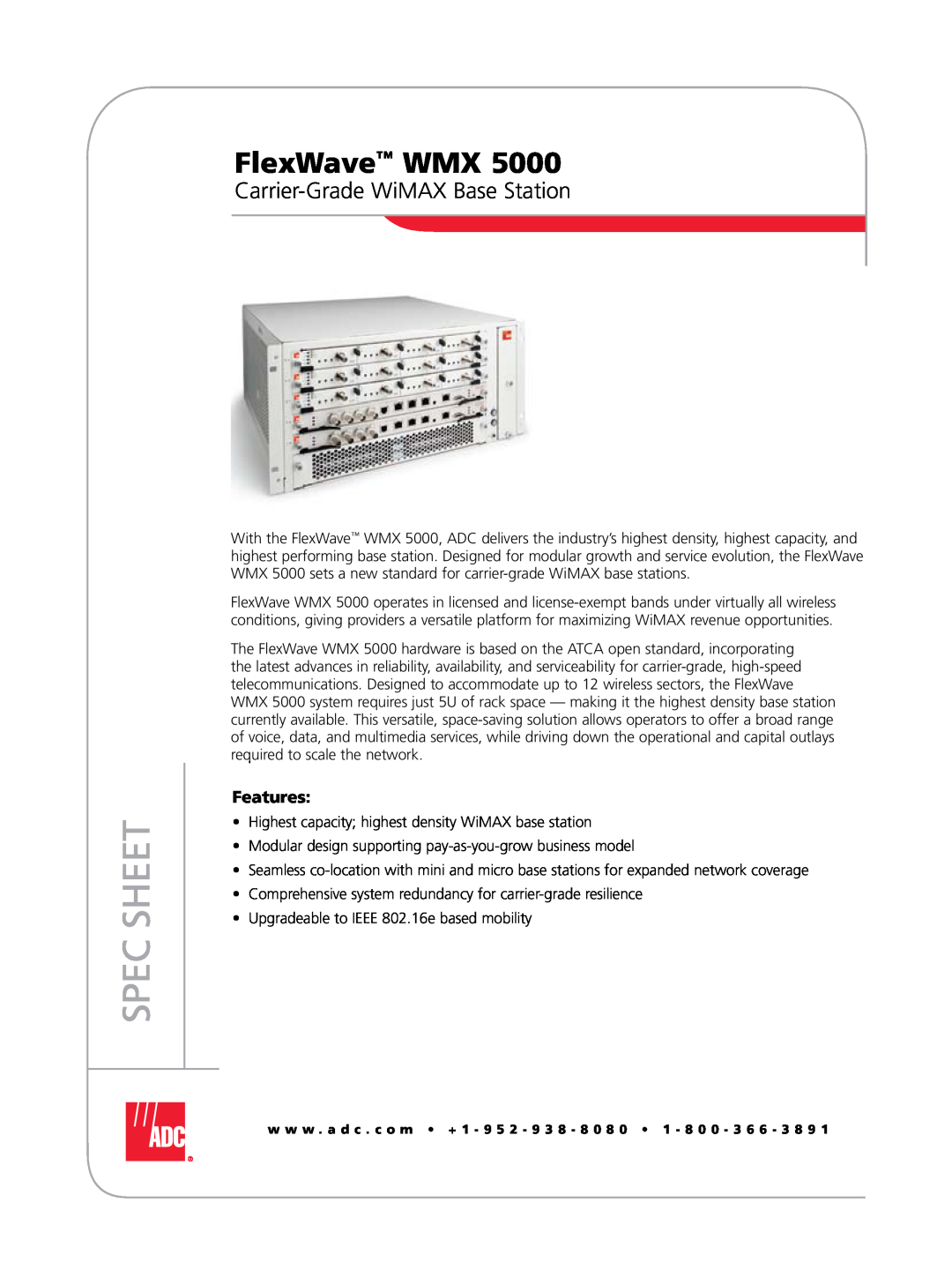 ADC WMX 5000 manual FlexWave WMX, Carrier-Grade WiMAX Base Station, Features, Spec Sheet 