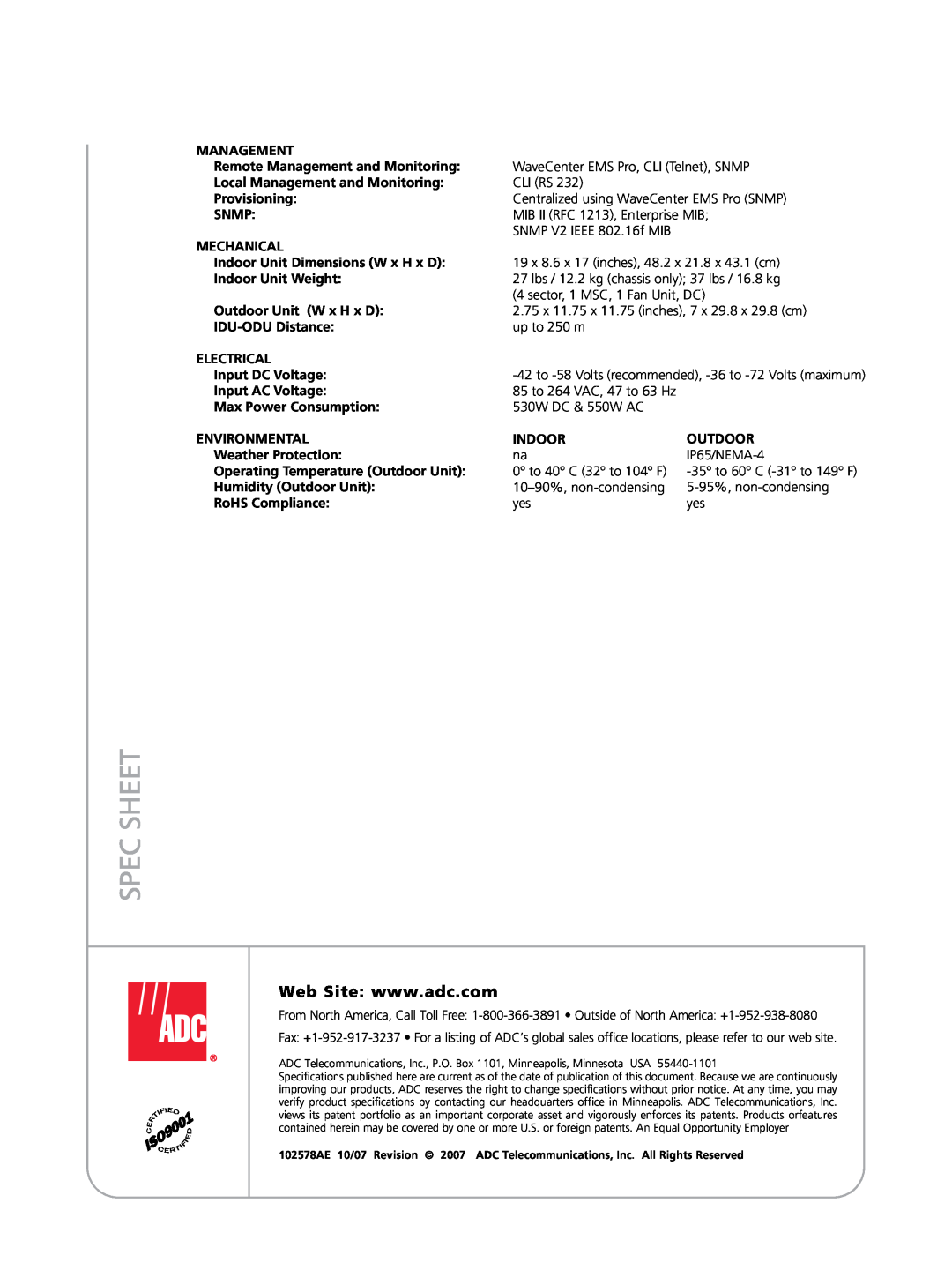ADC WMX 5000 manual Spec Sheet 
