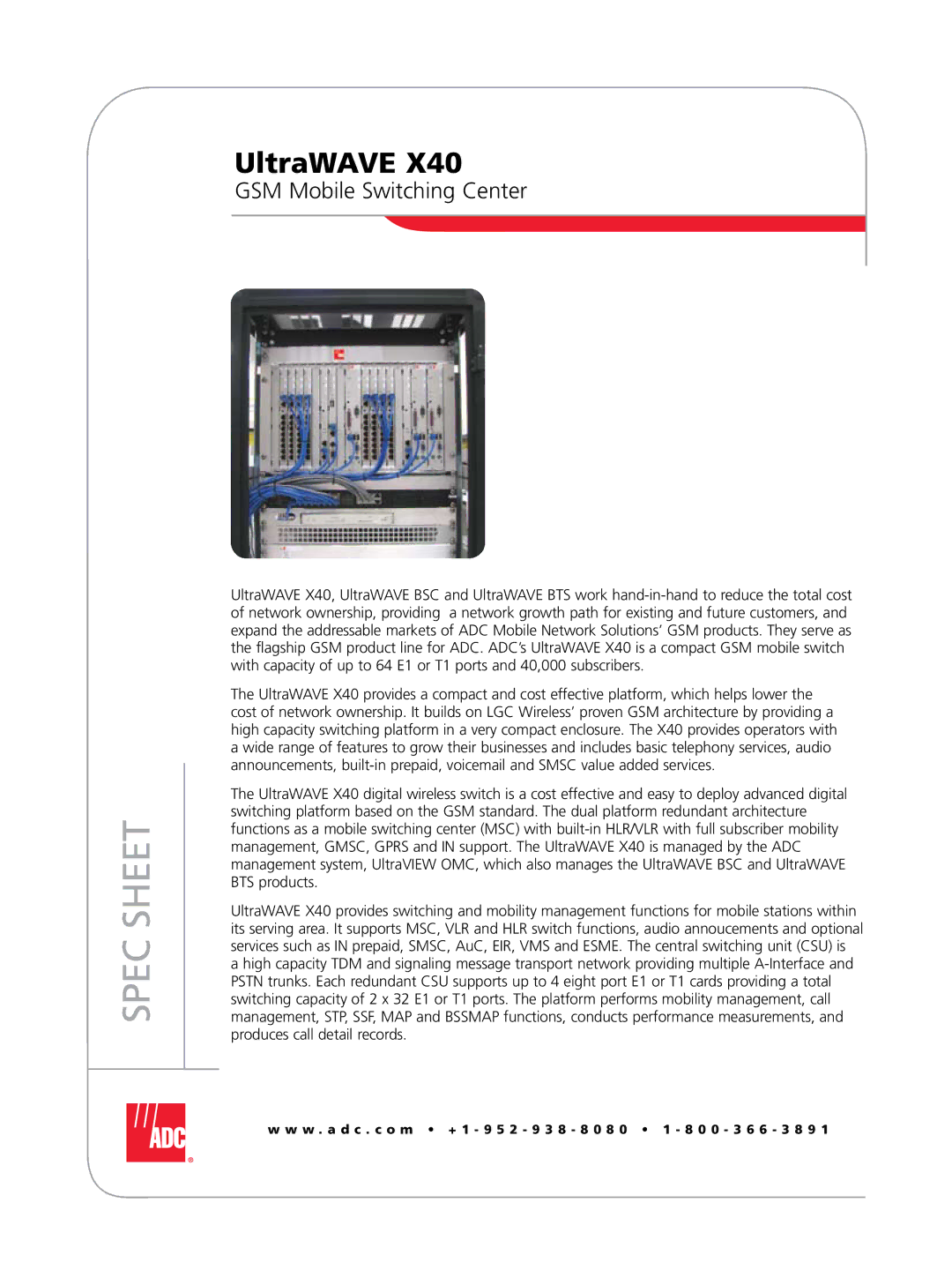 ADC X40 manual Spec Sheet, GSM Mobile Switching Center 