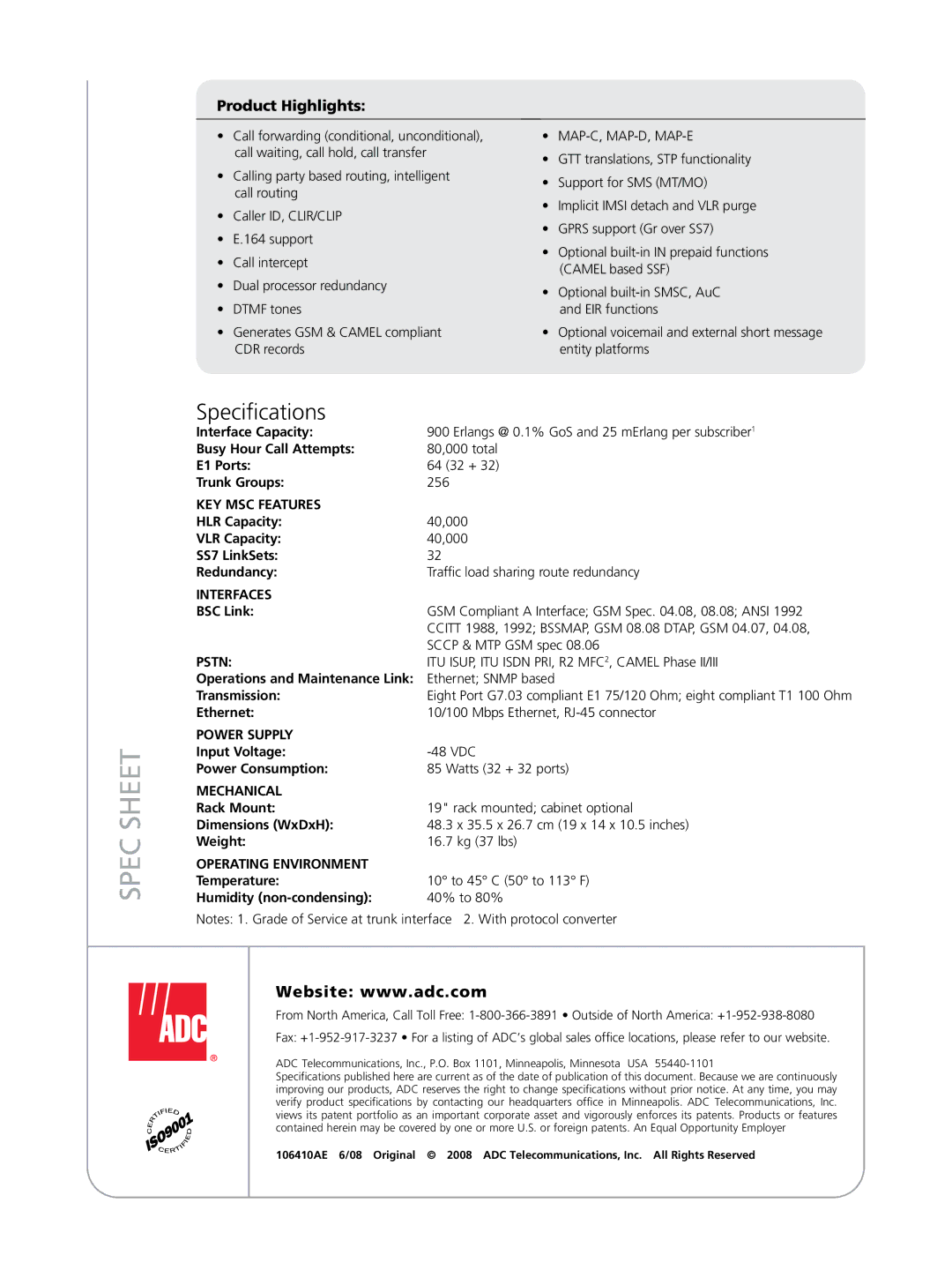 ADC X40 manual Spec Sheet, Specifications, Product Highlights, Map-C, Map-D, Map-E, Pstn 