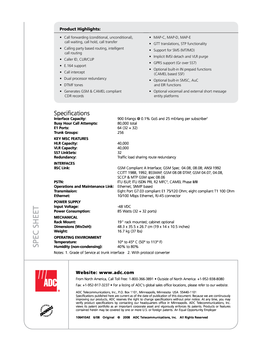 ADC X40 manual Specifications, Spec Sheet, Product Highlights 