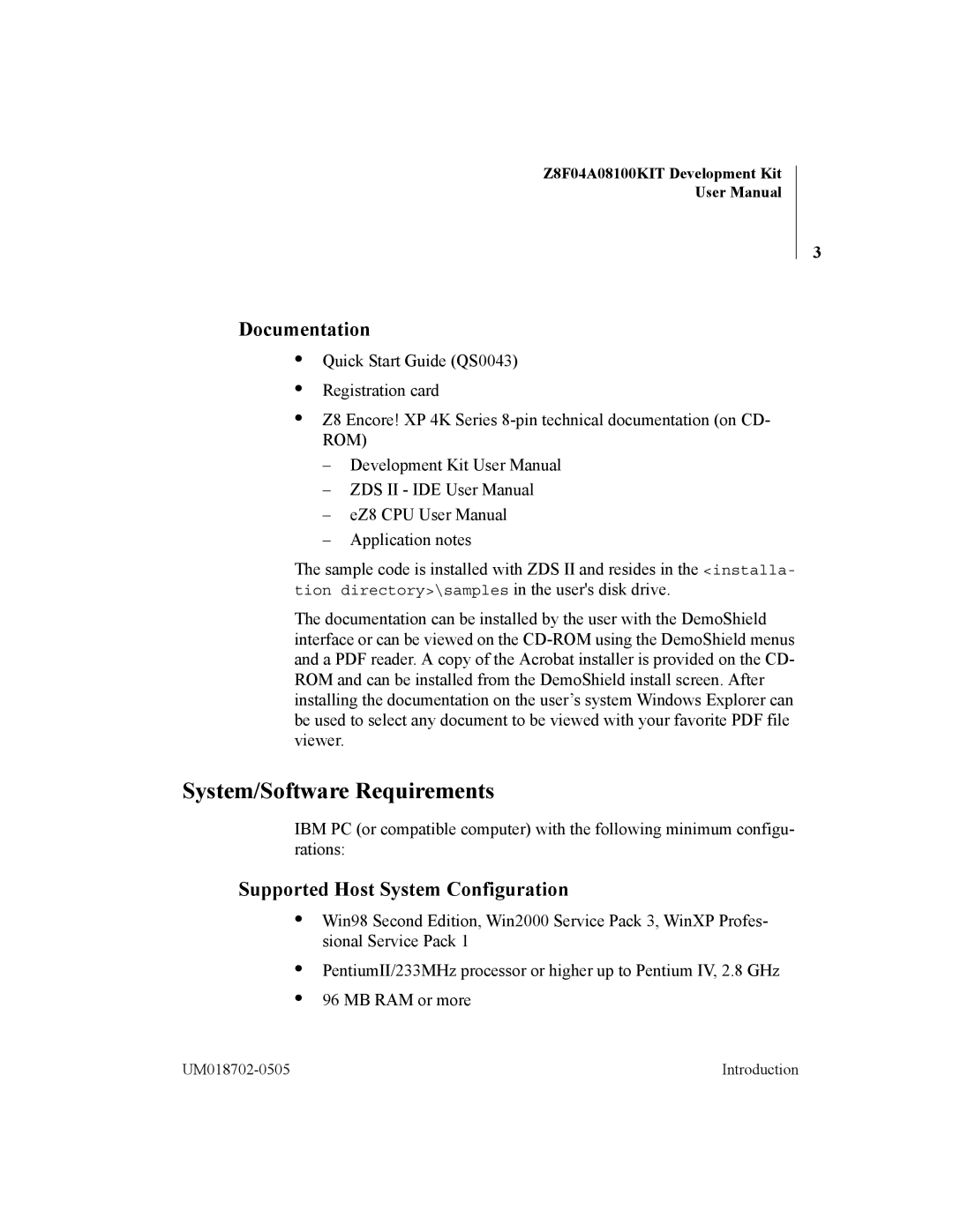 ADC Z8F04A08100KIT user manual System/Software Requirements, Documentation, Supported Host System Configuration 