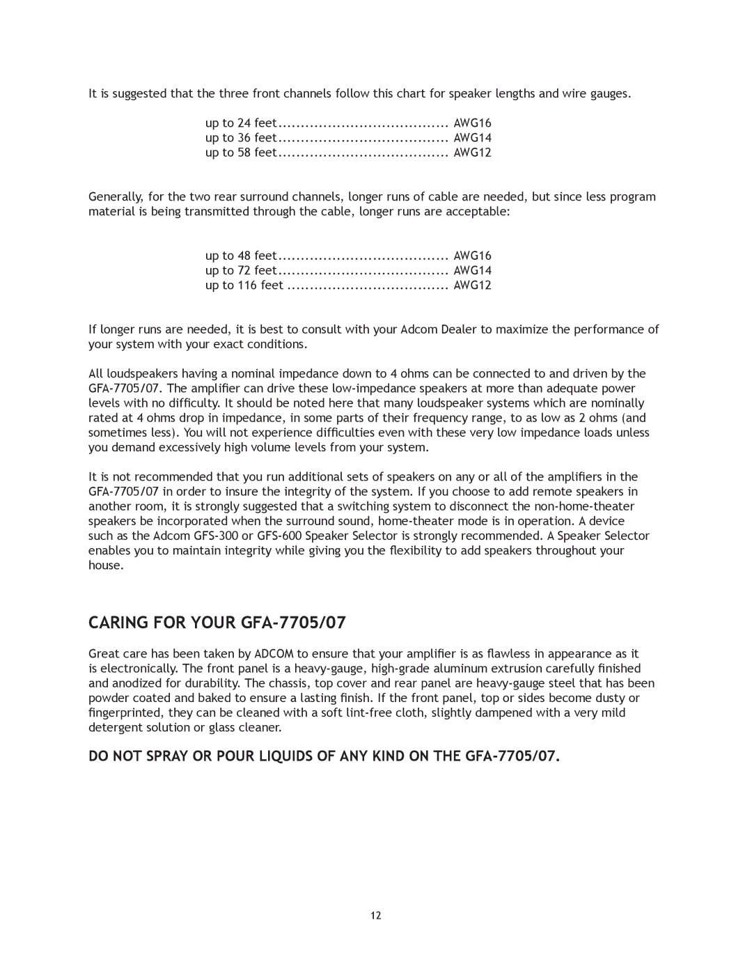 Adcom GFA7707 manual Caring for Your GFA-7705/07 