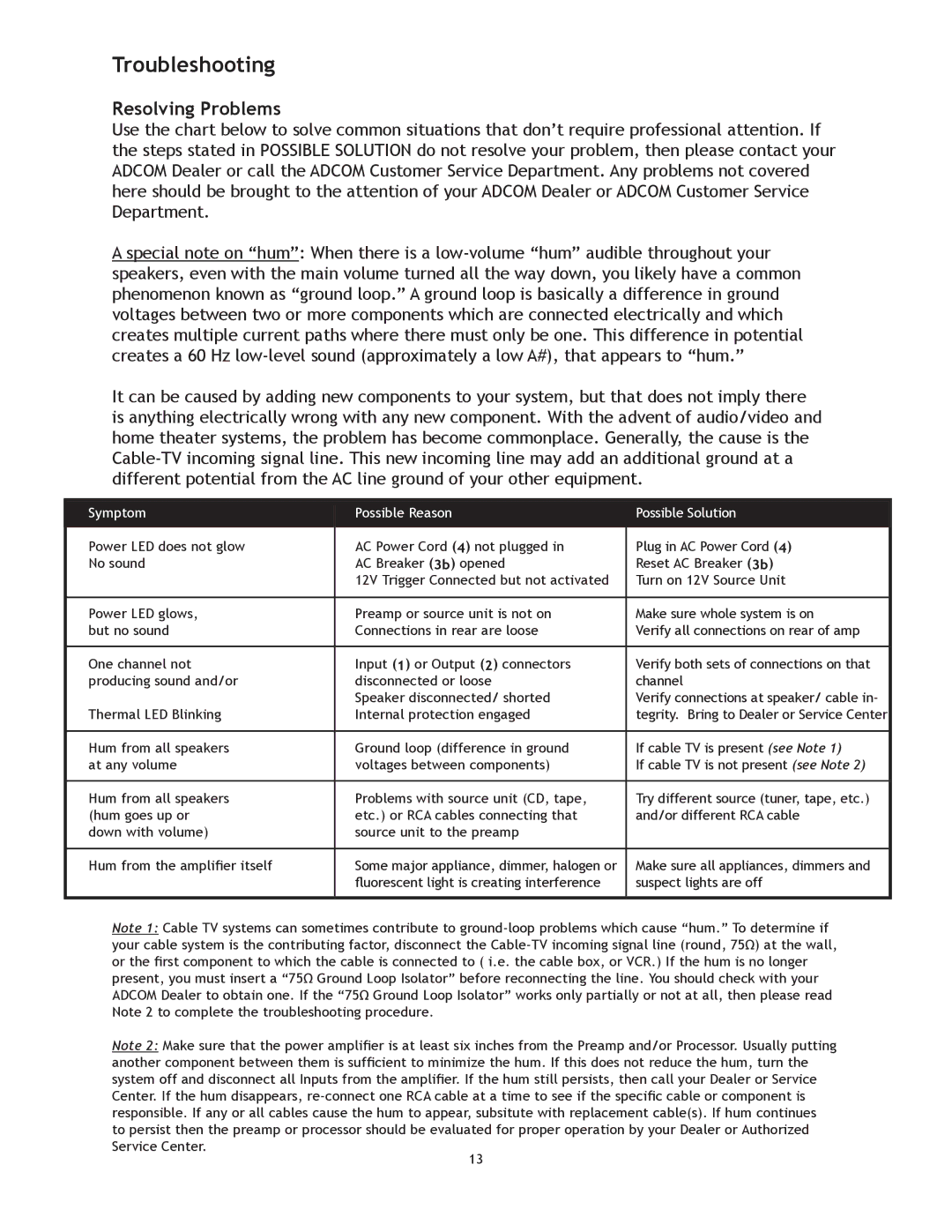 Adcom GFA7707, 7705 manual Troubleshooting, Resolving Problems 