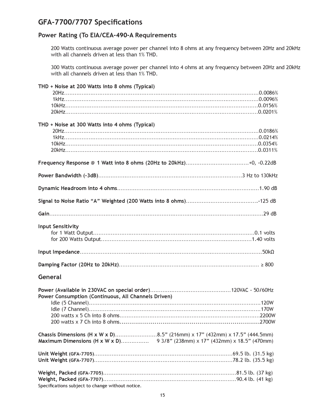 Adcom GFA7707, 7705 manual GFA-7700/7707 Specifications, Power Rating To EIA/CEA-490-A Requirements, General 