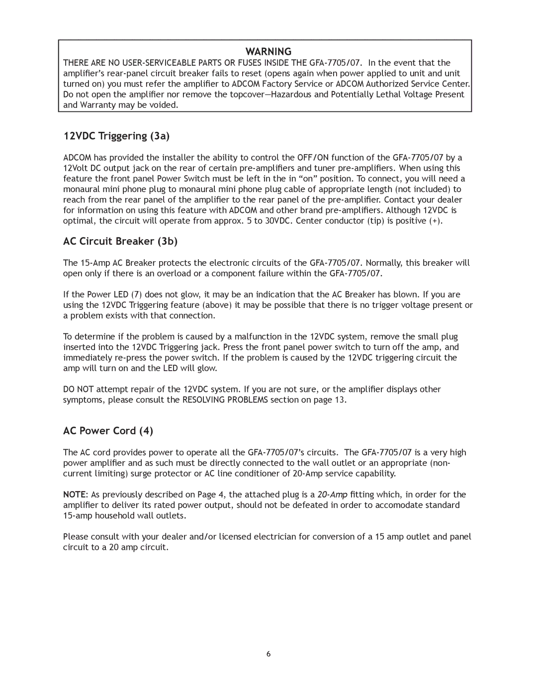 Adcom 7705, GFA7707 manual 12VDC Triggering 3a, AC Circuit Breaker 3b, AC Power Cord 
