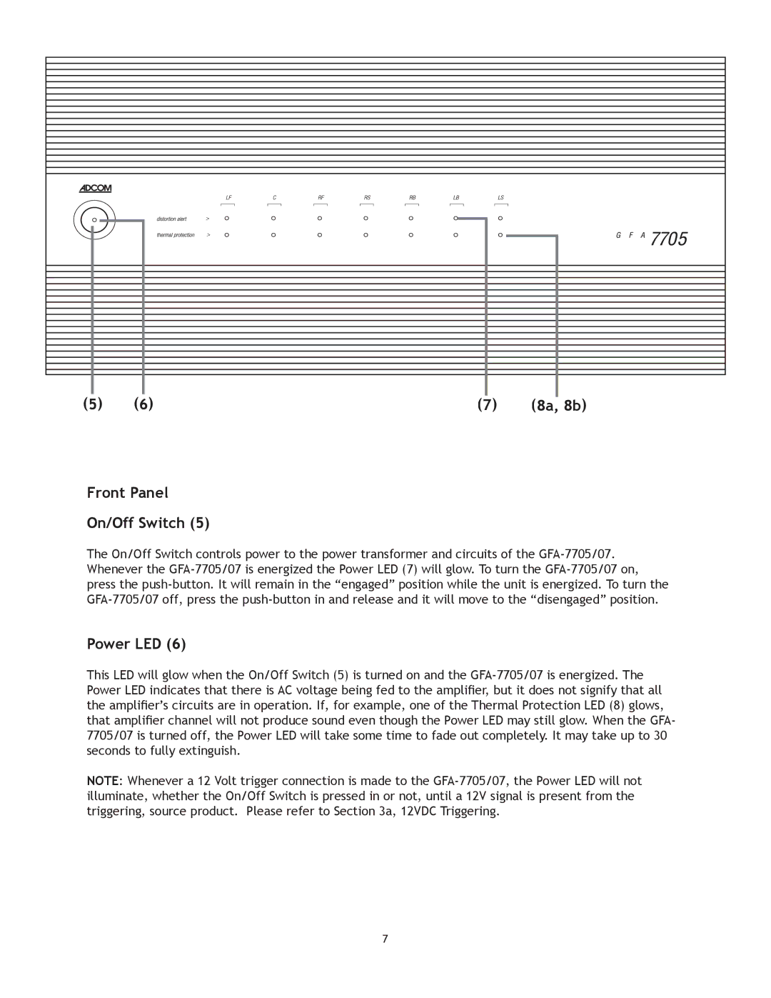 Adcom GFA7707, 7705 manual Front Panel On/Off Switch, Power LED 