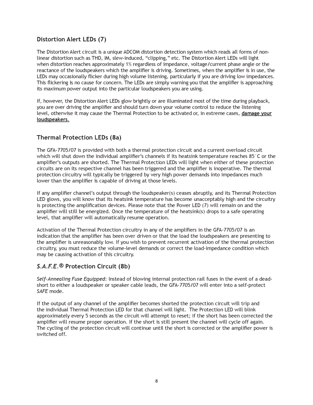 Adcom 7705, GFA7707 manual Distortion Alert LEDs, Thermal Protection LEDs 8a, F.E. Protection Circuit 8b 