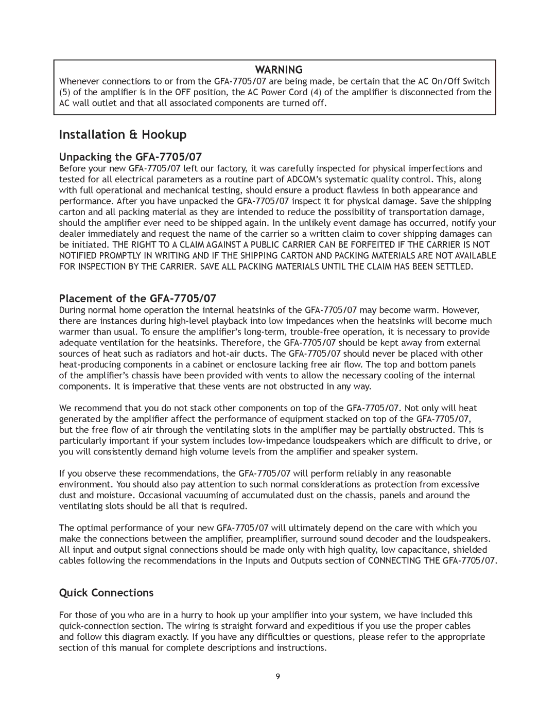 Adcom GFA7707 manual Installation & Hookup, Unpacking the GFA-7705/07, Placement of the GFA-7705/07, Quick Connections 