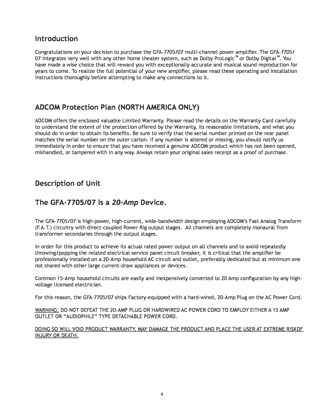 Adcom Introduction, ADCOM Protection Plan NORTH AMERICA ONLY, Description of Unit, The GFA-7705/07is a 20-Amp Device 