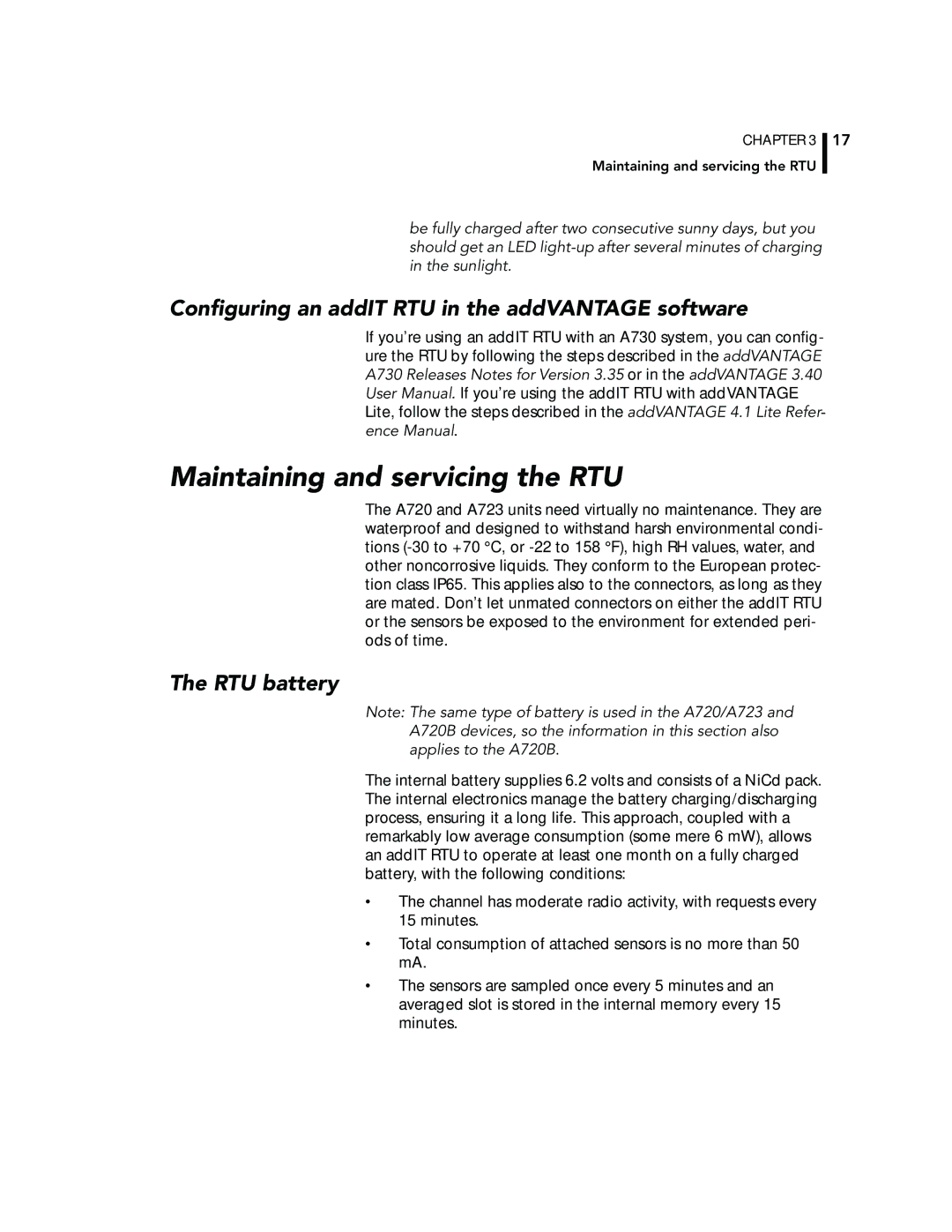 Adcom A720, A723 manual Maintaining and servicing the RTU, Conﬁguring an addIT RTU in the addVANTAGE software, RTU battery 