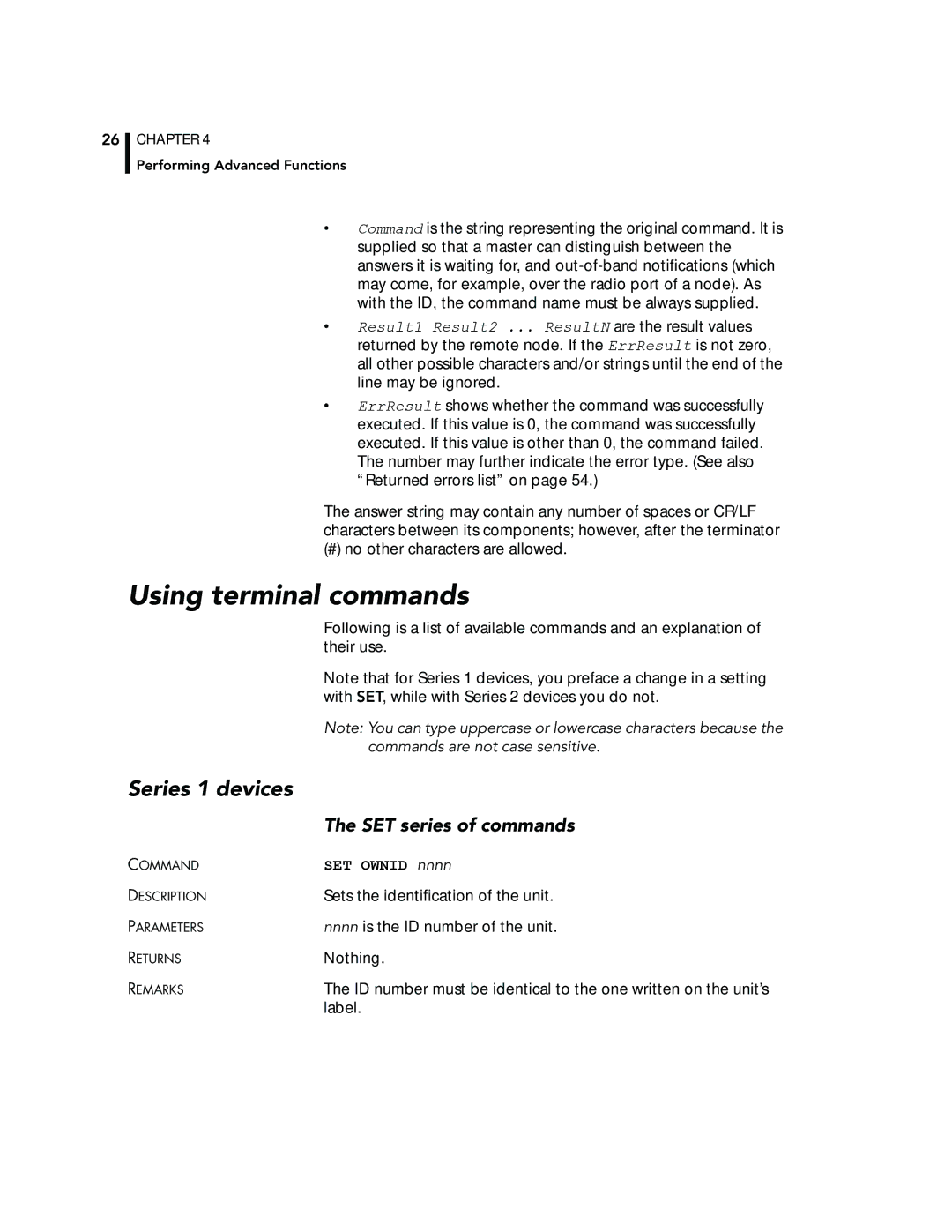 Adcom A723, A720 manual Using terminal commands, Series 1 devices, SET Ownid nnnn 