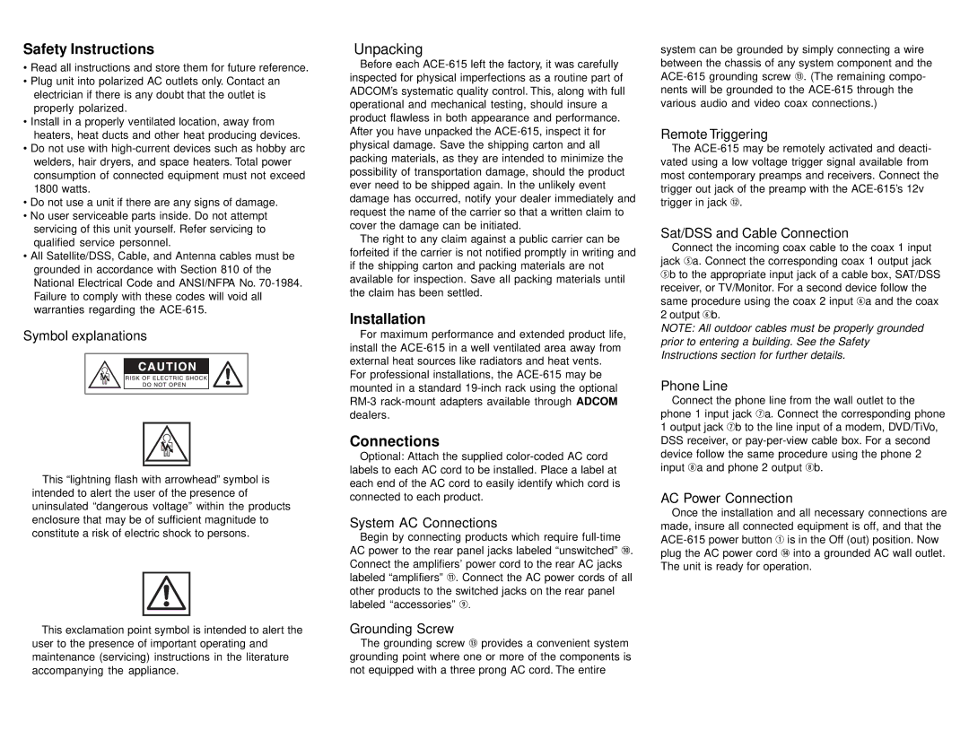 Adcom ACE-615 owner manual Safety Instructions, Installation, Connections 