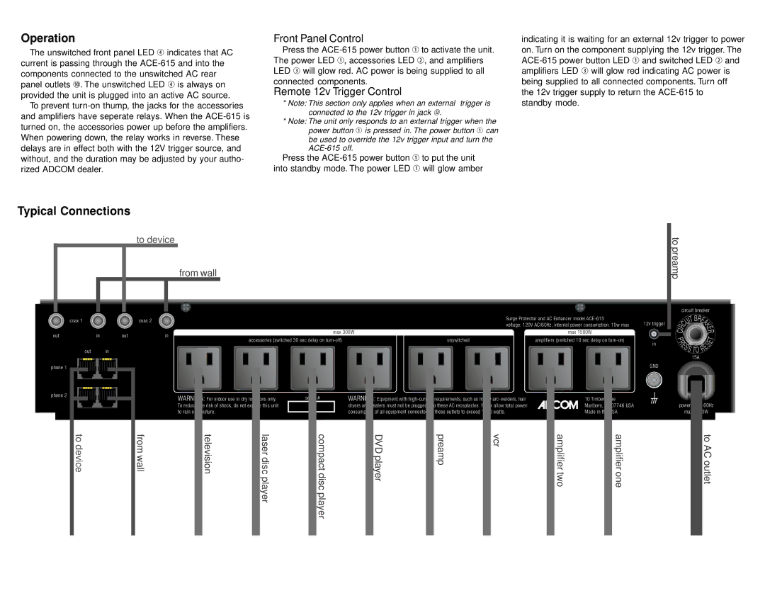 Adcom ACE-615 owner manual Operation, Front Panel Control, Remote 12v Trigger Control 