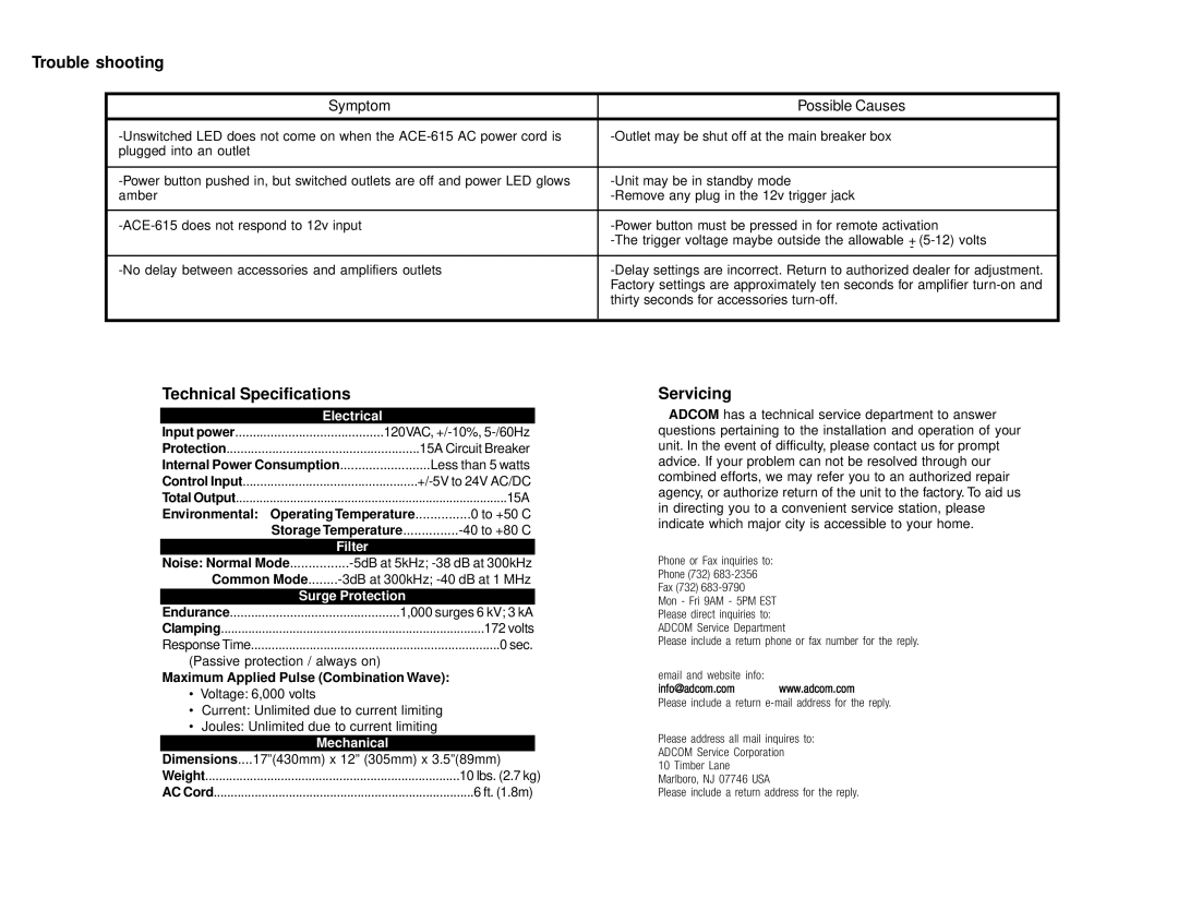 Adcom ACE-615 owner manual Trouble shooting 