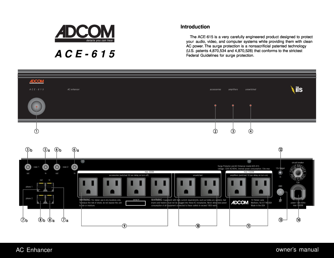 Adcom ACE-615 owner manual A C E - 6 1, AC Enhancer, owner’s manual 