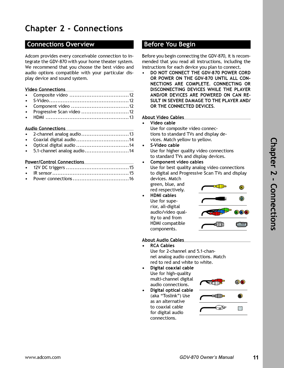 Adcom GDV-870 user manual Connections Overview, Before You Begin 