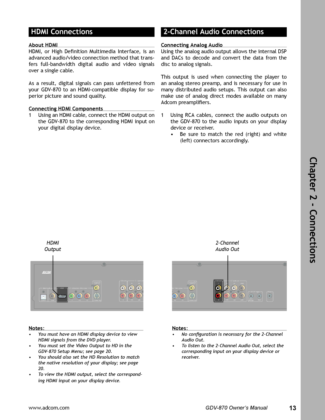 Adcom GDV-870 user manual Hdmi Connections, About Hdmi, Connecting Hdmi Components, Connecting Analog Audio 