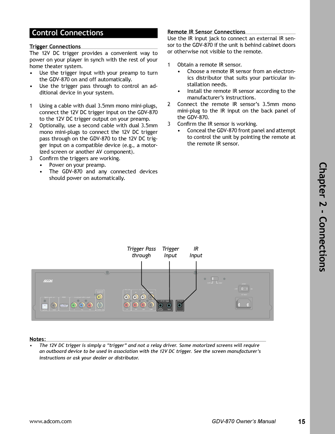 Adcom GDV-870 user manual Control Connections, Trigger Connections, Remote IR Sensor Connections 