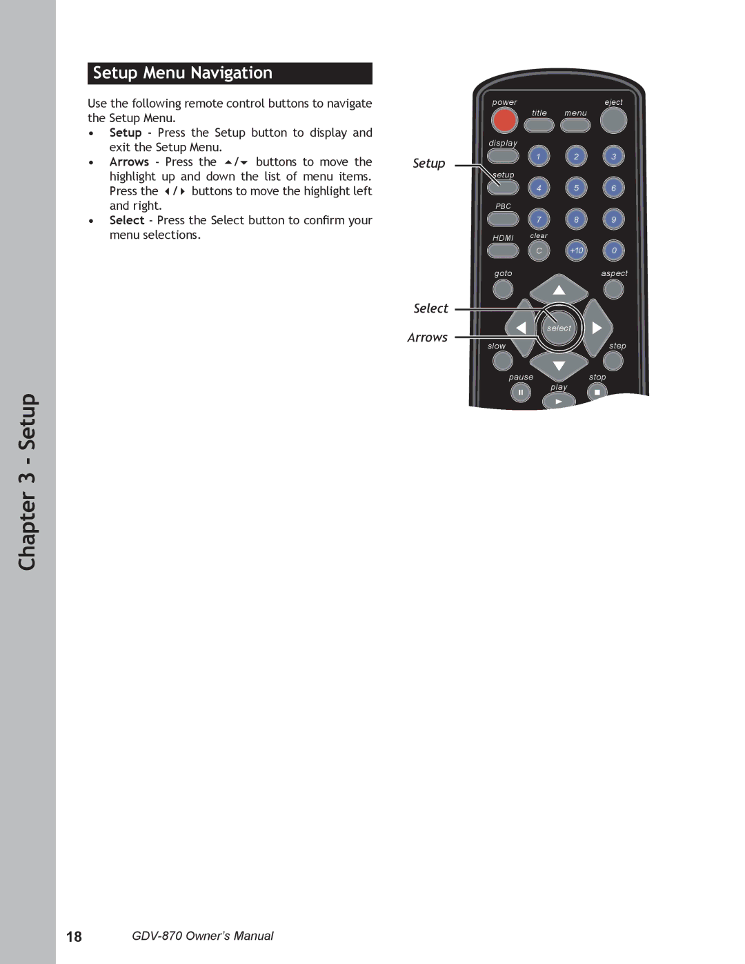 Adcom GDV-870 user manual Setup Menu Navigation, Setup Select Arrows 