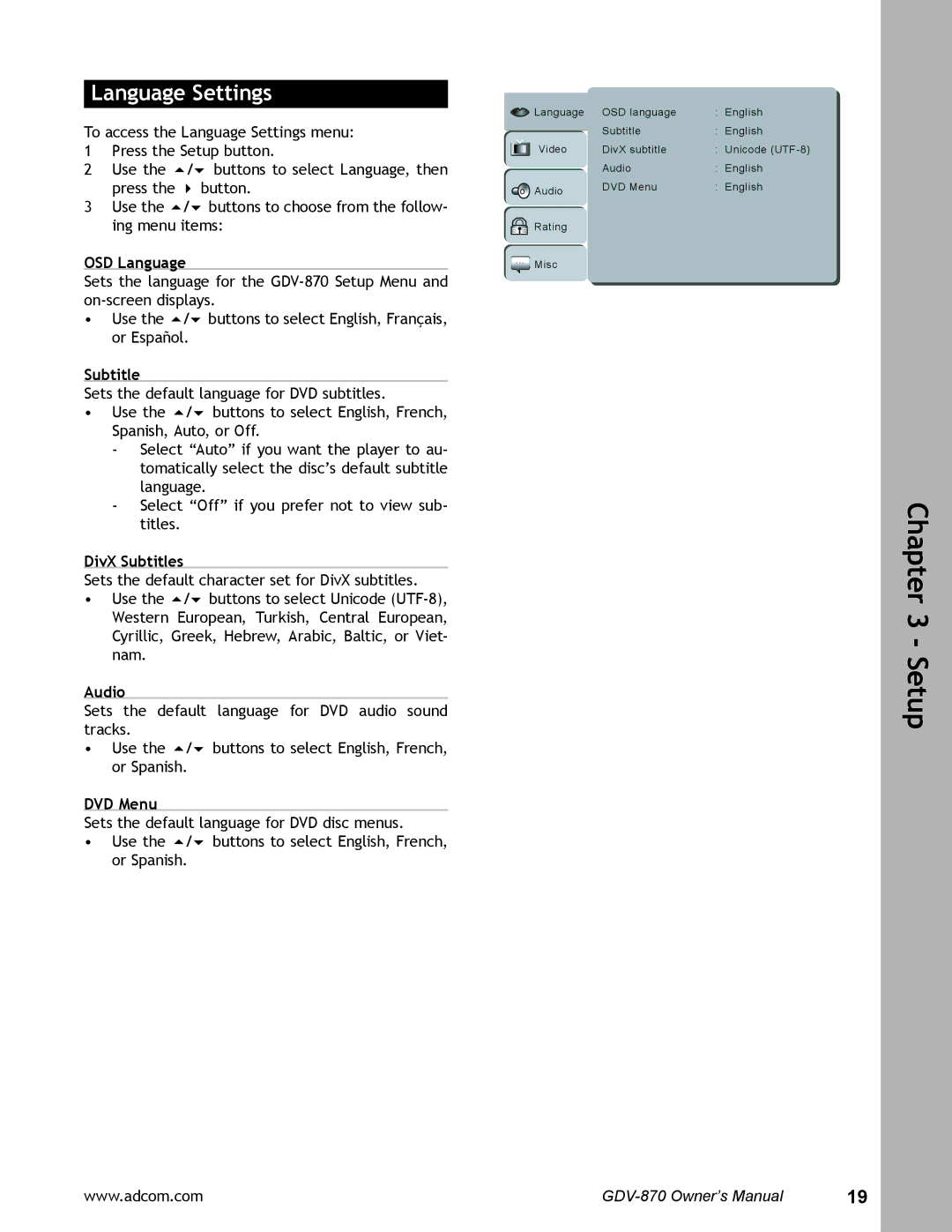 Adcom GDV-870 user manual Language Settings 