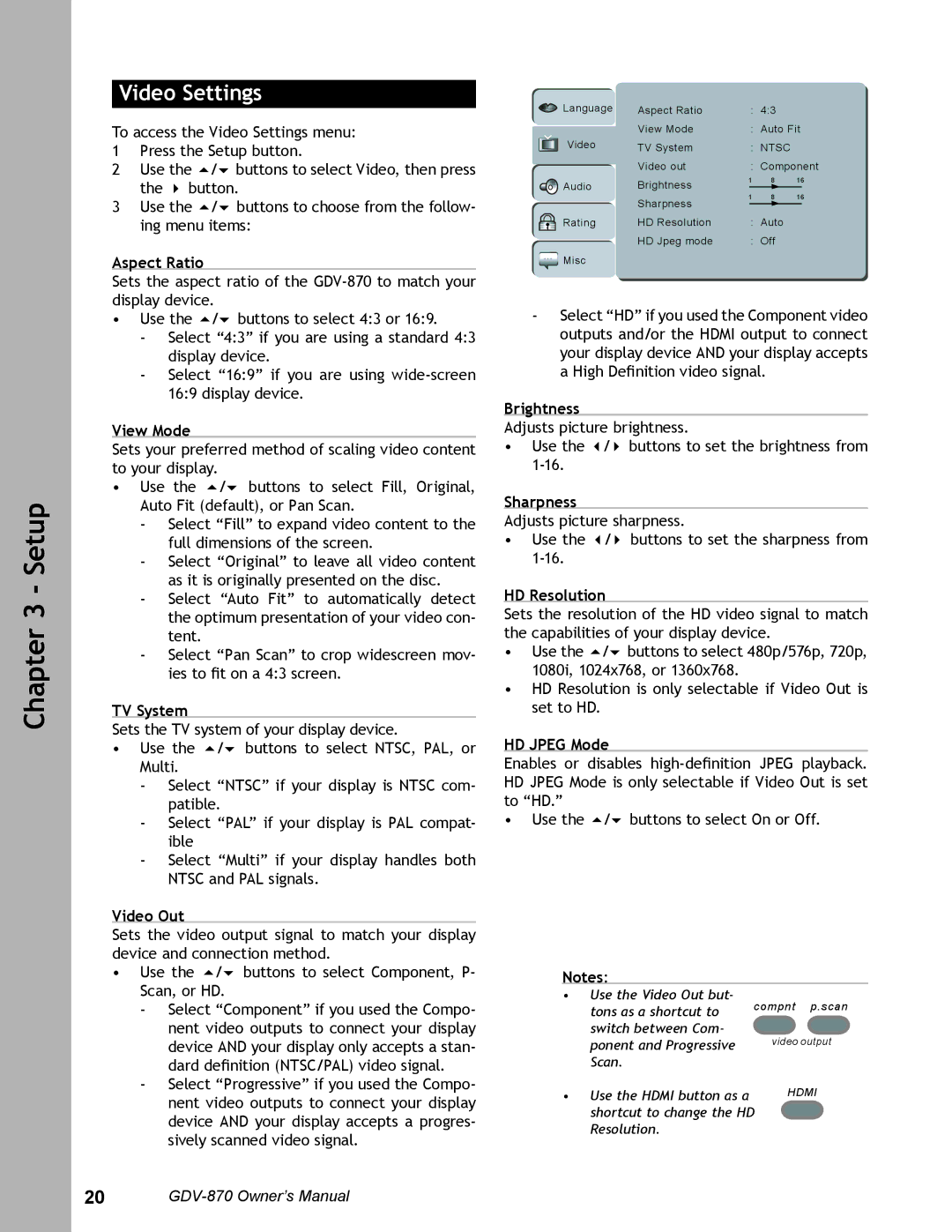 Adcom GDV-870 user manual Video Settings 