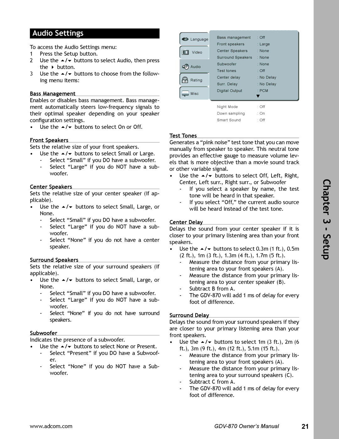 Adcom GDV-870 user manual Audio Settings 